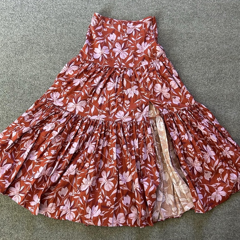 WAYF Skirt Womens XS Orange Floral Tiered Maxi High Rise Lined Boho Ruffle